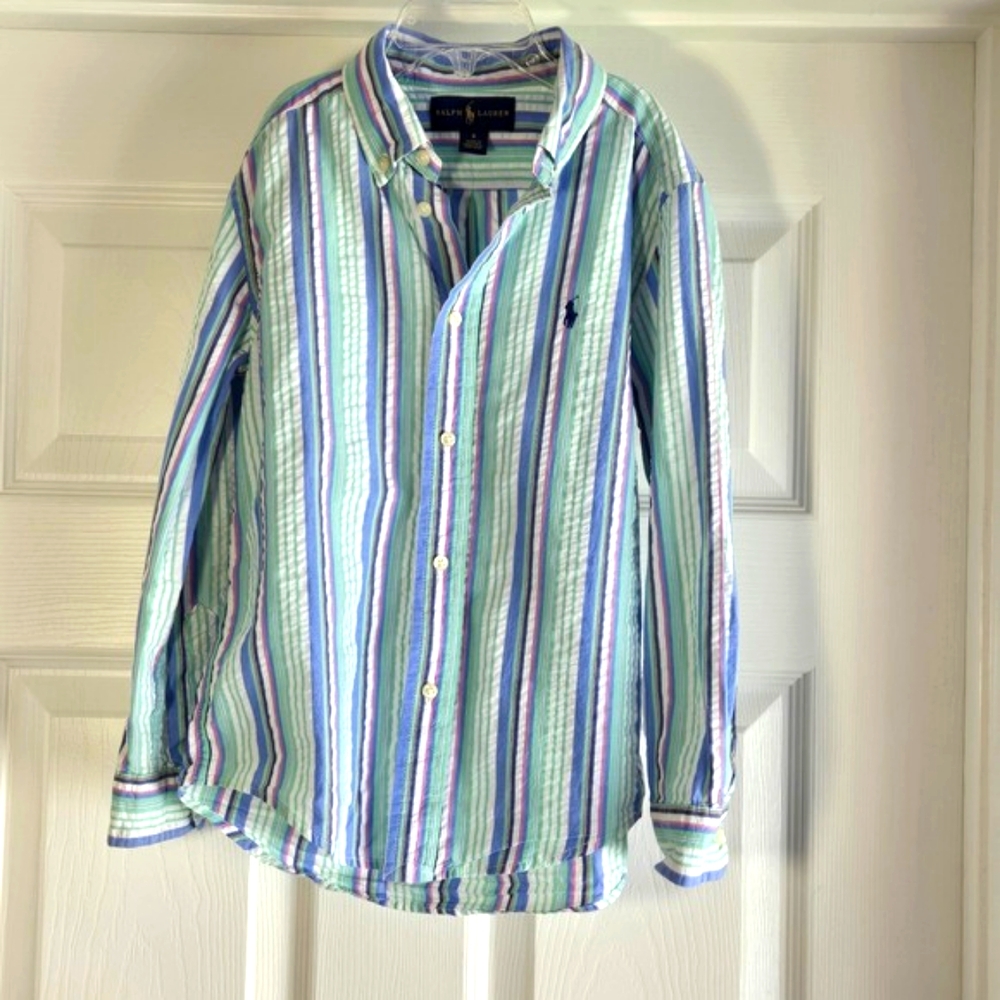 Polo Ralph Lauren Boys Size 6 Striped‎ Pastel Seersucker Shirt Spring Summer